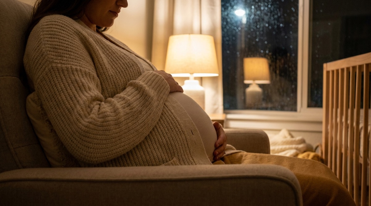 A pregnant mother resting in a nursery armchair at night, hands on her bump