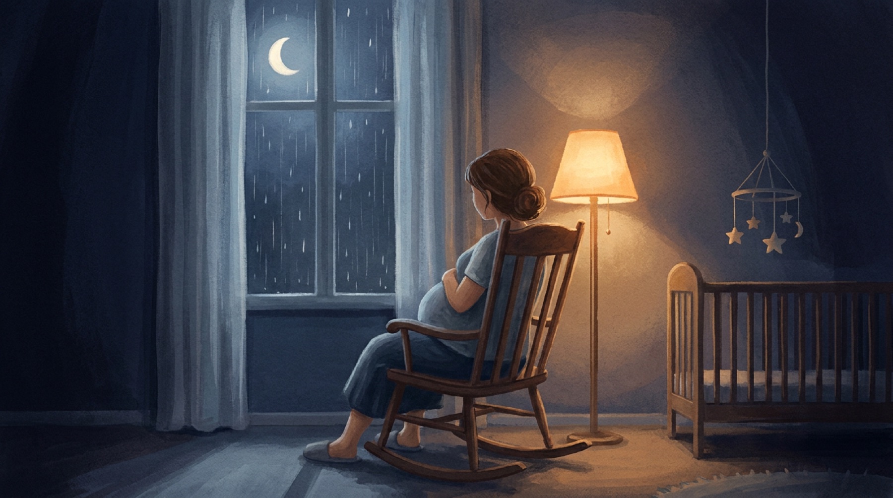 Painting of a pregnant mother in a rocking chair by a rainy night window, a lamp glowing beside her