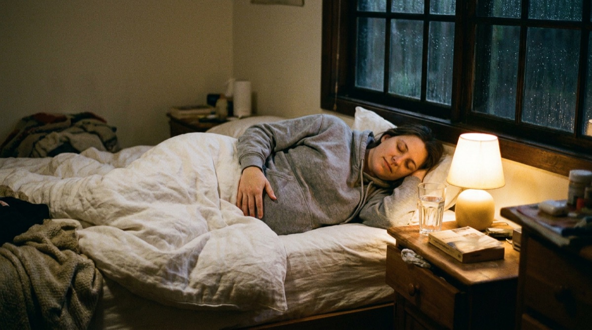 A tired mom resting in bed at night by a rainy window, lamp on